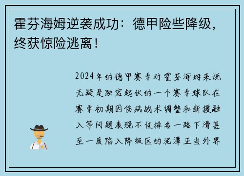 霍芬海姆逆袭成功：德甲险些降级，终获惊险逃离！