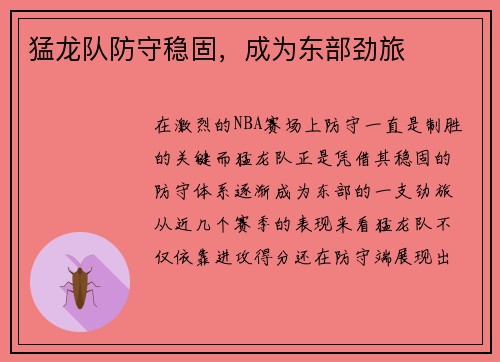 猛龙队防守稳固，成为东部劲旅